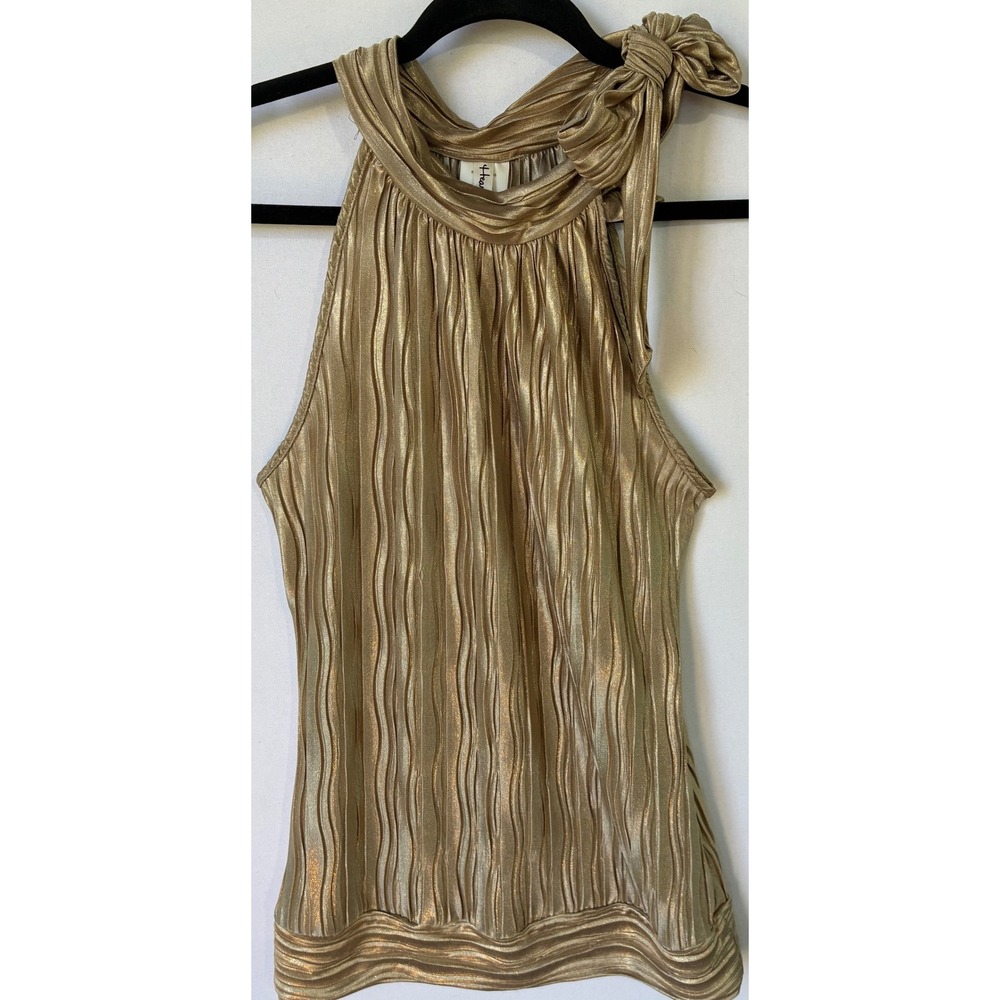 Heart Soul Tank Top Metallic Pleated Bow Halter Womens M Gold Excellent